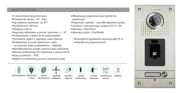 Wideodomofon z czytnikiem linii papilarnych Vidos S561Z M11WX WiFi